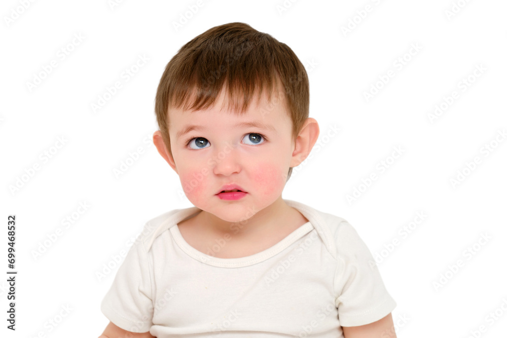 Thoughtful baby looks up, studio, isolated on white background. Sad child with the emotion of doubt on his face, isolated on white background. Kid about two years old (one year nine months) Thoughtful baby looks up, studio, isolated on white background. Sad child with the emotion of doubt on his face, isolated on white background. Kid about two years old (one year nine months)
