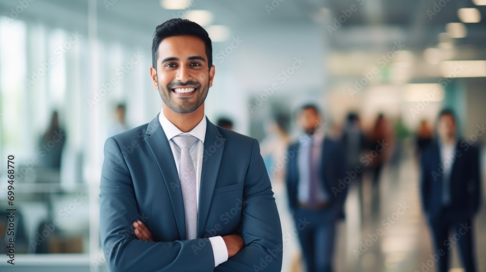 Portrait of a handsome smiling asian indian businessman boss in a suit standing in his modern business company office. his workers standing in the blurry background - obrazy, fototapety, plakaty 