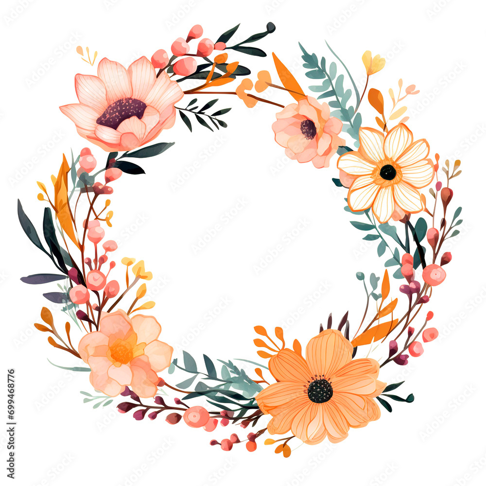 Watercolor floral wreath with flowers and leaves
