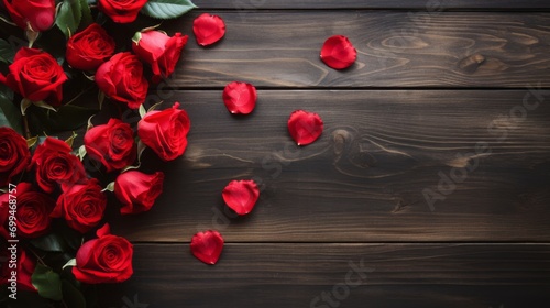 Romantic valentine's day calligraphy and red roses on rustic wood background