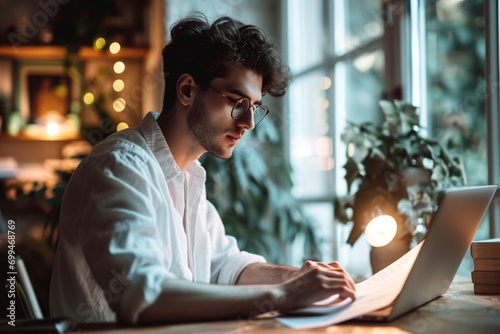 Hombre joven absorto en su trabajo en una computadora portátil en un ambiente hogareño cálido