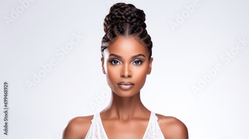 Portrait of beautiful black african american woman with curly long braids and bun. perfect face structure. sharp jawline looking straight forward in front. isolated on white background