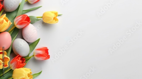 Colorful easter eggs and tulips on white background. Generative AI. #699469326