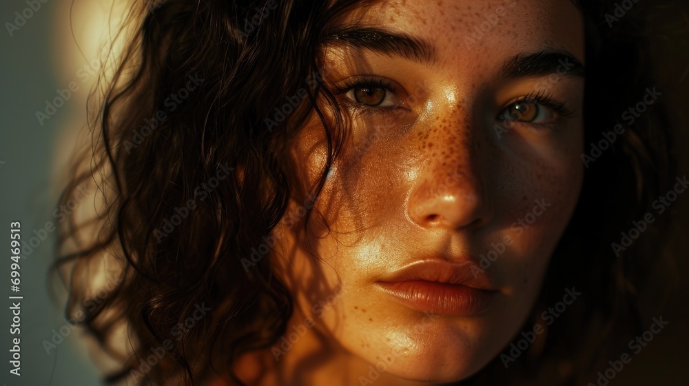 A close-up view of a woman with freckles on her face. This image can be used to showcase natural beauty and diversity