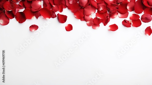 Red Rose Petals on White Background with Copy Space. Love, Valentine, Presentation, Wallpaper 