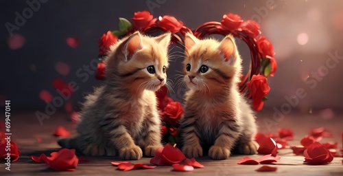 Two cute kittens among red hearts and flowers Generative ai © Saim