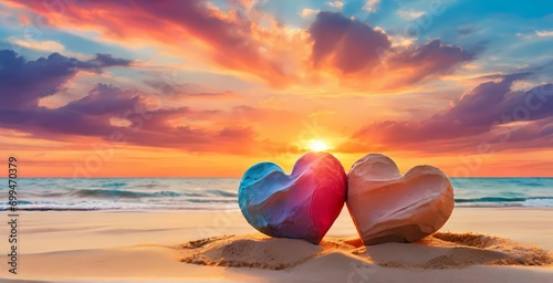 Romantic symbol of love  two hearts on the beach at sunset Generative ai photo