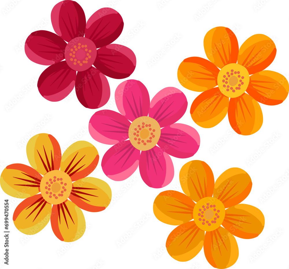 Set of flowers. Flowers of different colors with six leaves.