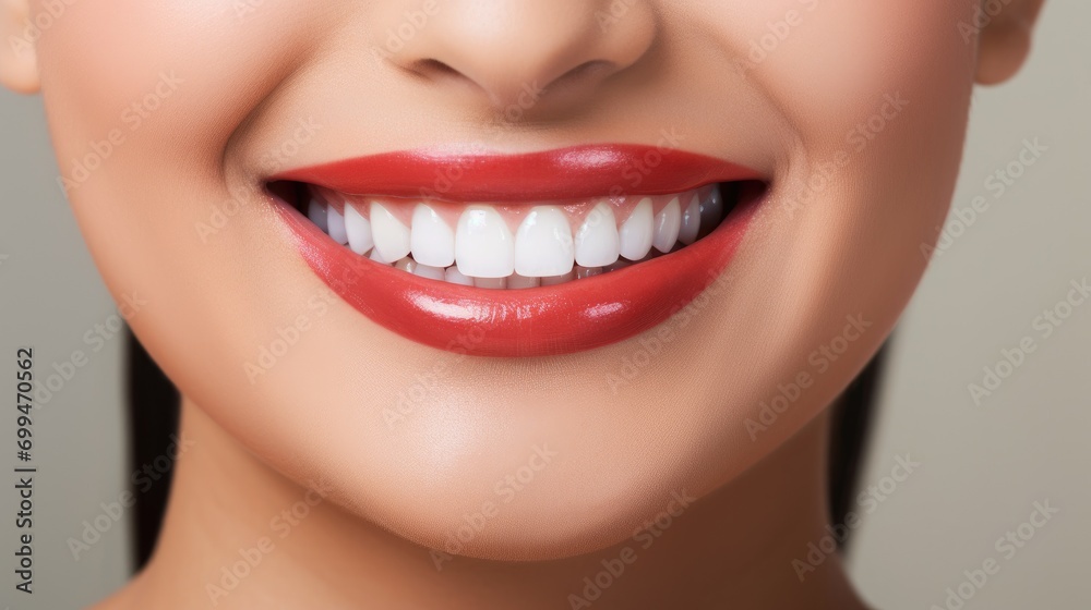Obraz premium A closeup photo portrait of a beautiful young asian indian model woman smiling with clean teeth. used for a dental ad. isolated on white background