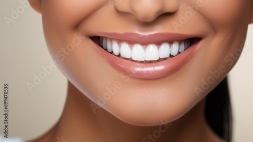 A closeup photo portrait of a beautiful young asian indian model woman smiling with clean teeth. used for a dental ad. isolated on white background