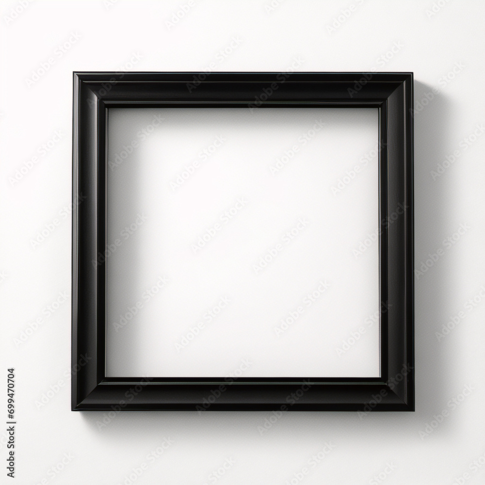 Lienzo en blanco vacío con marco decorativo negro sobre una maqueta de fondo blanco Lienzo en blanco vacío con marco decorativo negro sobre una maqueta de fondo blanco