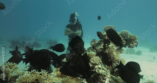 many fish enjoying the company of a scuba diver photo