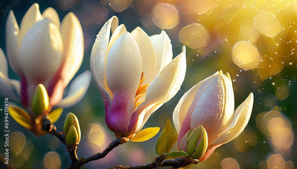 Kwiaty magnolii pokryte kroplami wody. Wiosenne tło - obrazy, fototapety, plakaty 
