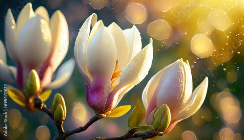 Kwiaty magnolii pokryte kroplami wody. Wiosenne tło