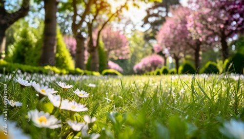 Wiosenny park, wiosenne tło z kwitnącymi drzewami i zielonym trawnikiem