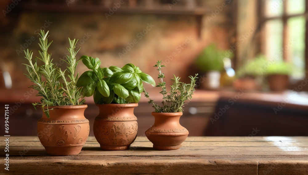 Rosemary, thyme, basil in clay pots on a wooden counter. A retro-style kitchen in the background. Home herbarium, background Rosemary, thyme, basil in clay pots on a wooden counter. A retro-style kitchen in the background. Home herbarium, background