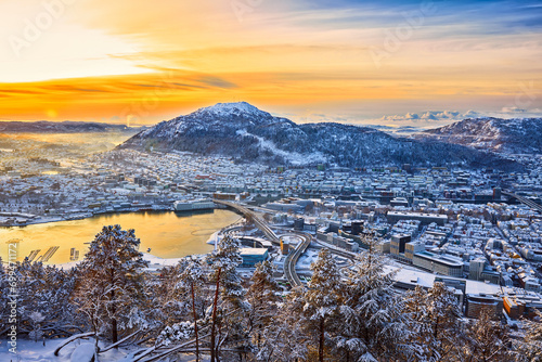 Amazing view of Bergen from Floyen early in the morning in winter, Norway