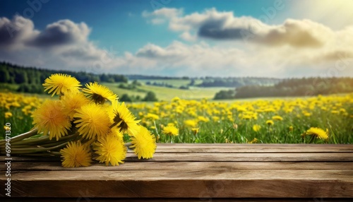 Bukiet żółtych kwiatów mniszka lekarskiego na drewnianym blacie. W tle wiosenny krajobraz z łąką pełną żółtych mleczy