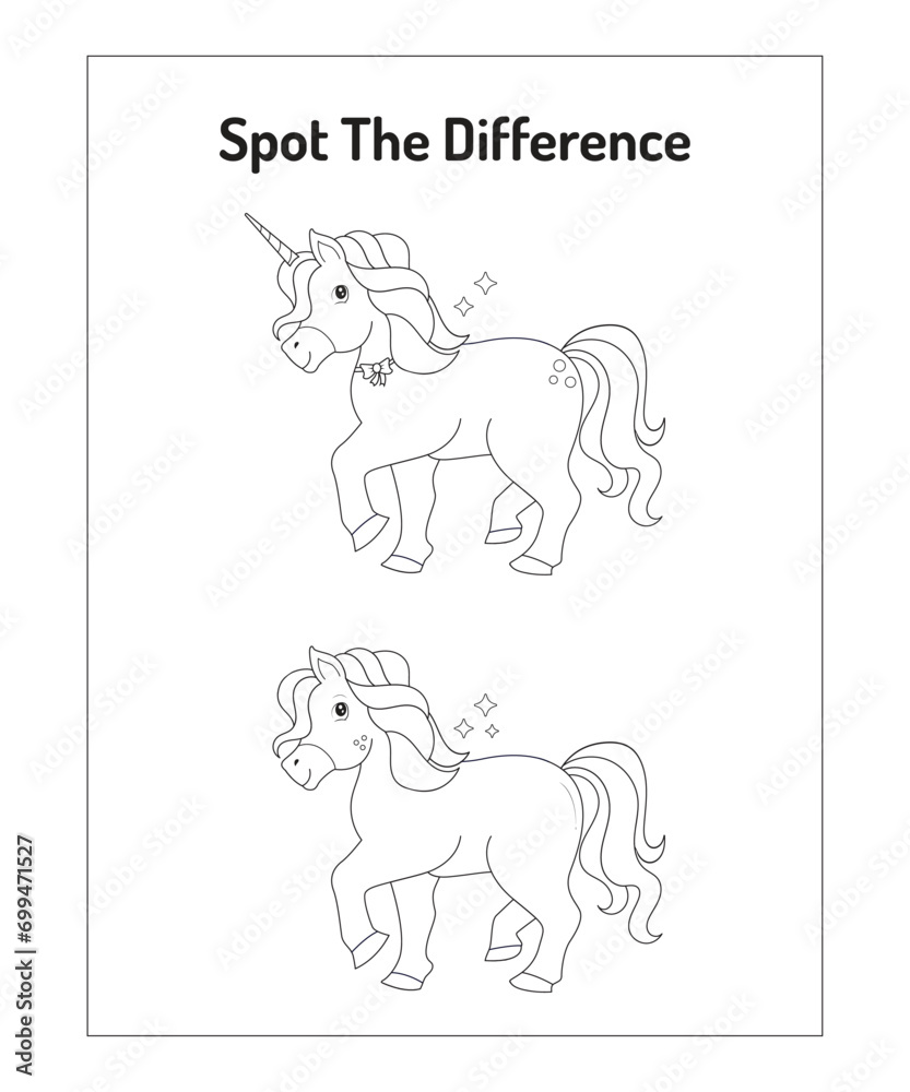 spot the difference between Unicorns, kids activity book puzzle game worksheet