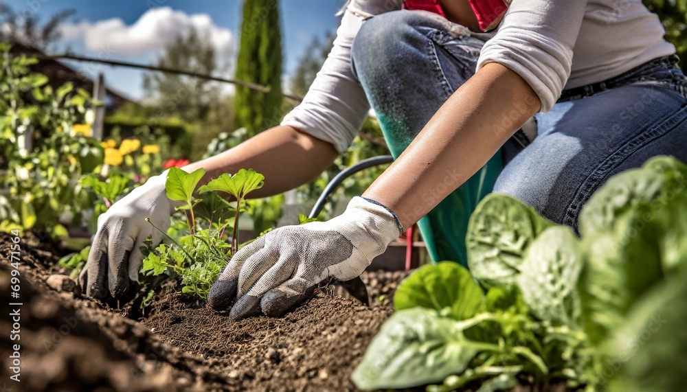 Kobieta pracująca w ogrodzie warzywnym. Ogrodnictwo, uprawa organicznych warzyw i owców. - obrazy, fototapety, plakaty 