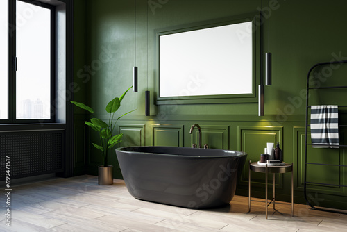 Modern green and wooden bathroom interior with empty white mock up banner, window and various objects. Hotel and accommodation designs. 3D Rendering.