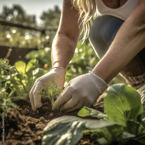 Kobieta uprawiająca warzywa w ogrodzie. Ogrodnictwo, uprawa organicznych warzyw i owców.