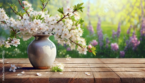 White cherry branches covered with white flowers in a vase on a wooden tabletop. Blooming garden plants in the background. Spring background © Monika