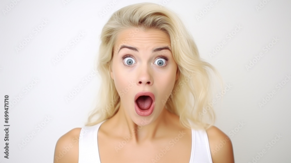 A beautiful blonde woman expressing surprise and shock emotion with her mouth open and big wide open eyes. isolated on white background A beautiful blonde woman expressing surprise and shock emotion with her mouth open and big wide open eyes. isolated on white background