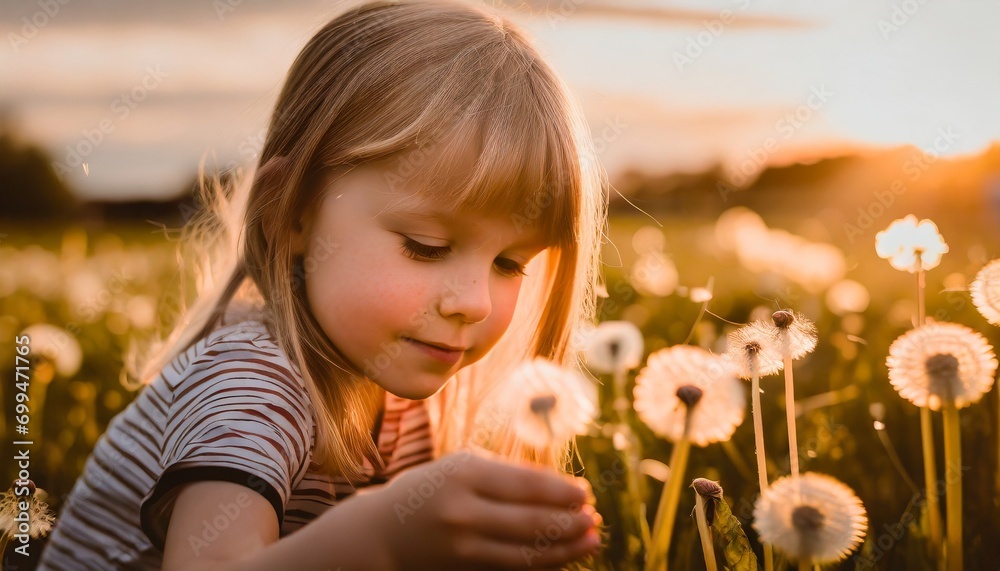 A girl picking dandelions and dandelions in a meadow A girl picking dandelions and dandelions in a meadow