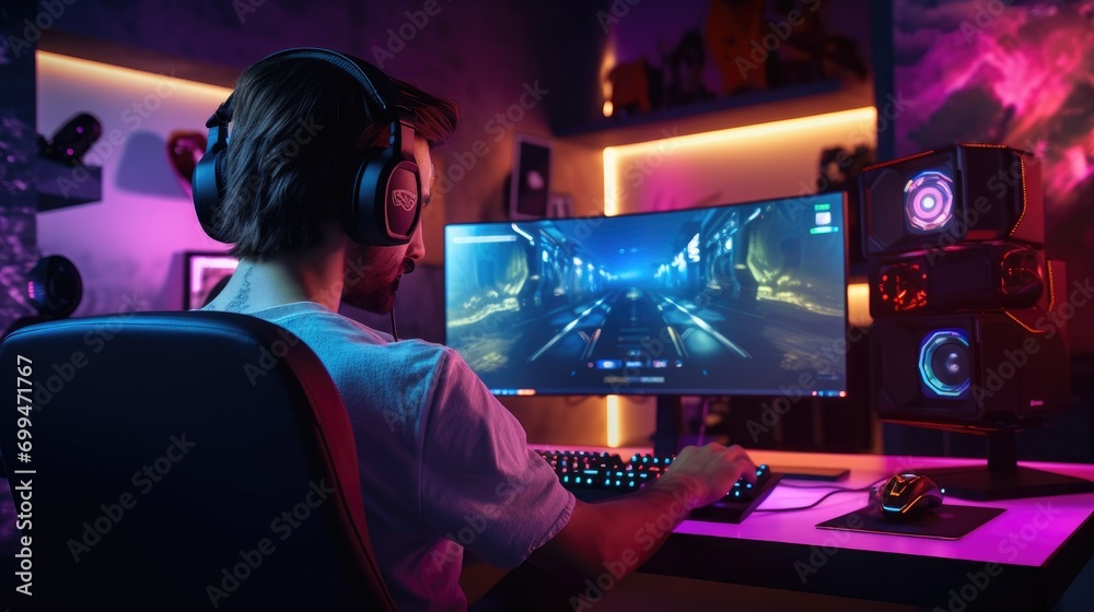 A handsome gamer guy gaming on his pc computer console with keyboard mouse and headphones in front of multiple monitor. sitting on a chair in his gaming room with rgb led lights - obrazy, fototapety, plakaty 