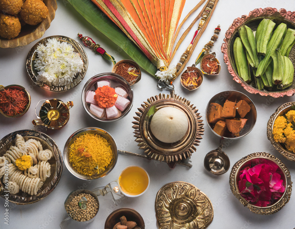 pooja material puja sahitya in hindu religion from india, arranged in a ...