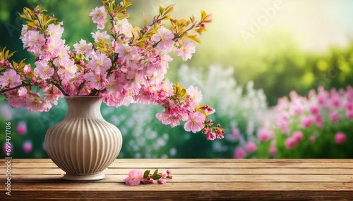 Gałązki pokryte różowymi kwiatami w wazonie na drewnianymi blacie, w tle kwitnący ogród. Wiosenne tło z miejscem na tekst