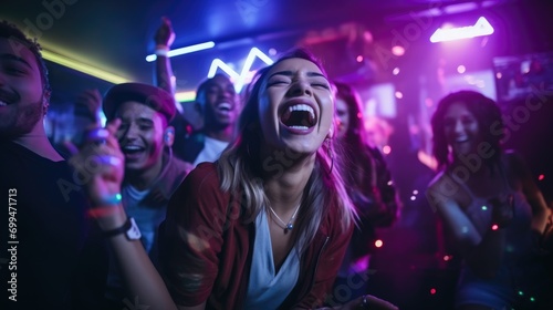 A group of diverse young friends singing at a karaoke party in a night club, laughing and having fun together