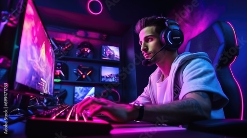 A handsome gamer guy gaming on his pc computer console with keyboard mouse and headphones in front of multiple monitor. sitting on a chair in his gaming room with rgb led lights