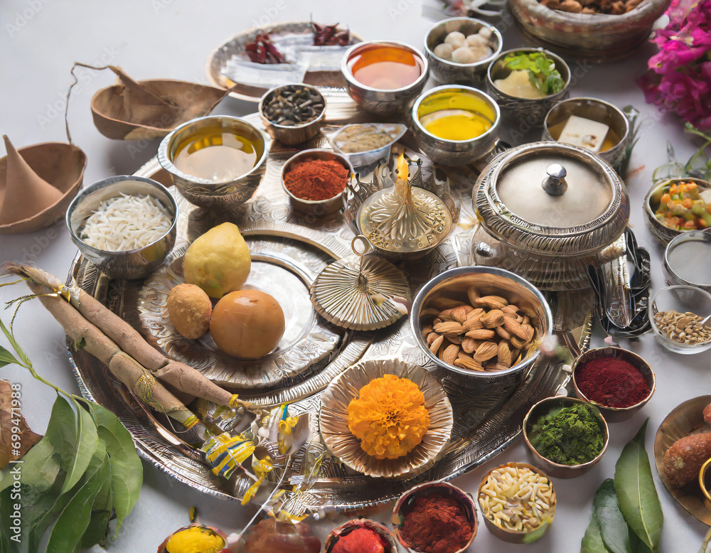 pooja material puja sahitya in hindu religion from india, arranged in a group pooja material puja sahitya in hindu religion from india, arranged in a group