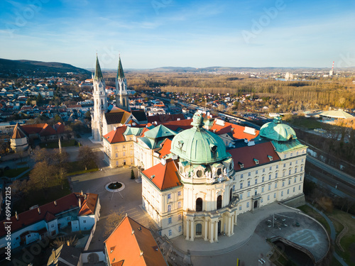 Klosterneuburg Monastery in the Lower Austria region. Aerial view to the famous touristic destination and landmark. photo
