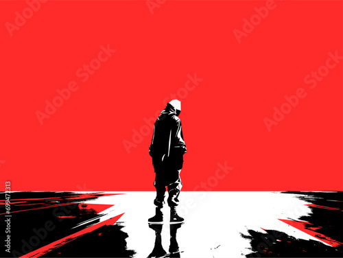 Black and White Urban Street Fashion Jacket Model on Red Background, Generative AI Based Cel Vector Art