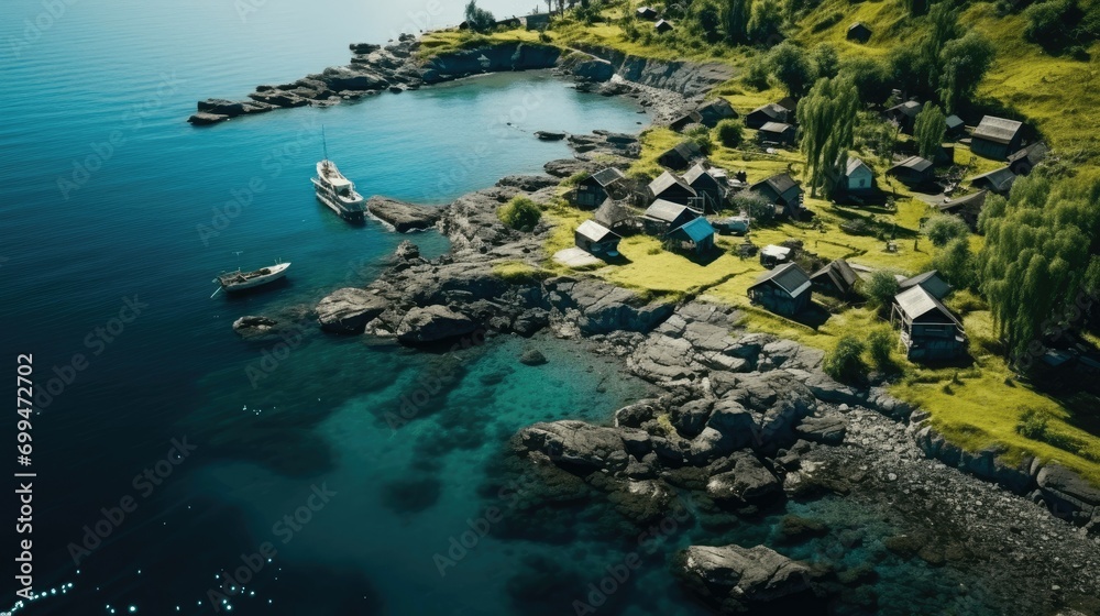 Aerial shot of a small fishing village in a countryside island
