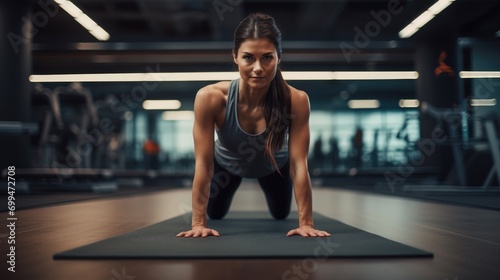 A beautiful athletic woman doing plank exercise and stretching herself on a yoga mat in a modern gym