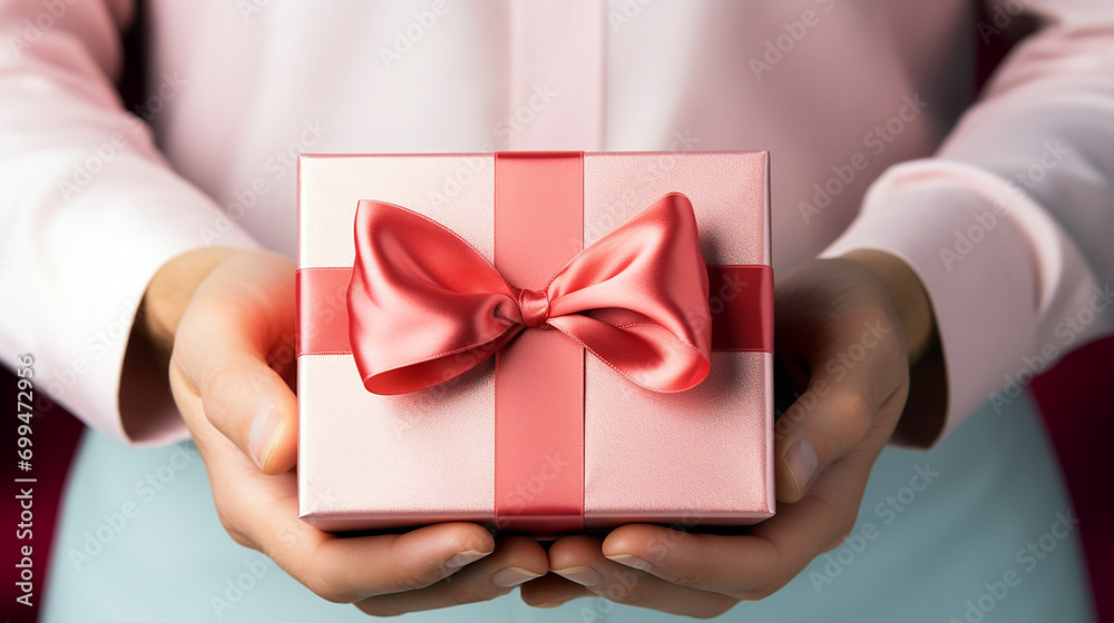 Front view of hands holding gift box. Elegant pink gift box with red ribbon. Generative AI Front view of hands holding gift box. Elegant pink gift box with red ribbon. Generative AI