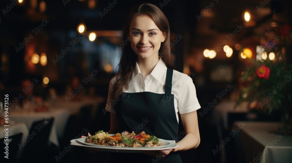 A beautiful young smiling server waitress in restaurant with plates with food on a tray in a expensive luxury restaurant bringing food to a table in her hands