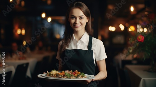 A beautiful young smiling server waitress in restaurant with plates with food on a tray in a expensive luxury restaurant bringing food to a table in her hands
