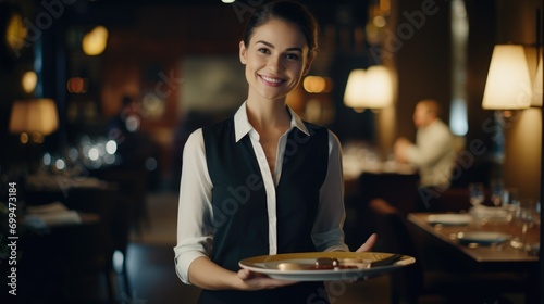 A beautiful young smiling server waitress in restaurant with plates with food on a tray in a expensive luxury restaurant bringing food to a table in her hands photo