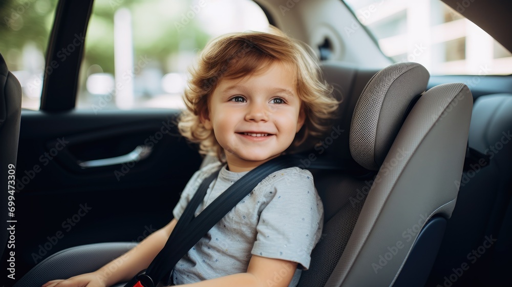 A candid photo of a cute young little blonde white caucasian american kid sitting in the child seat in the family car A candid photo of a cute young little blonde white caucasian american kid sitting in the child seat in the family car