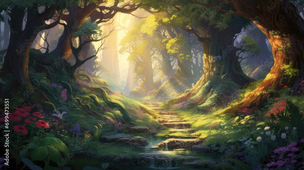 enchanted forest scenery with mystical sunrays. magical woodland landscape for fantasy backgrounds - obrazy, fototapety, plakaty 