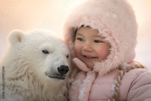 A rosy-cheeked baby with a fluffy baby polar bear in a snowy landscape © artefacti