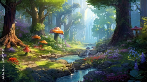 morning light cascading down a forest path. idyllic natural walkway for relaxation and fantasy settings 