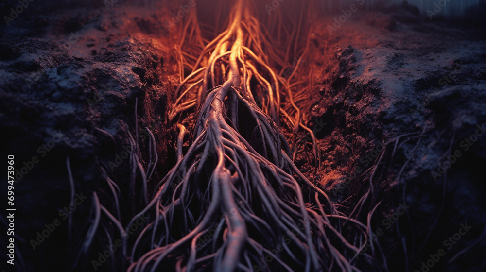 Macro exploration of the intricate underground world of plant roots, revealing the hidden connections beneath the soil.