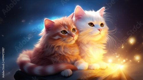 celestial gaze of enchanted kittens. majestic orange and white cats illuminated by ethereal light for fantasy artwork