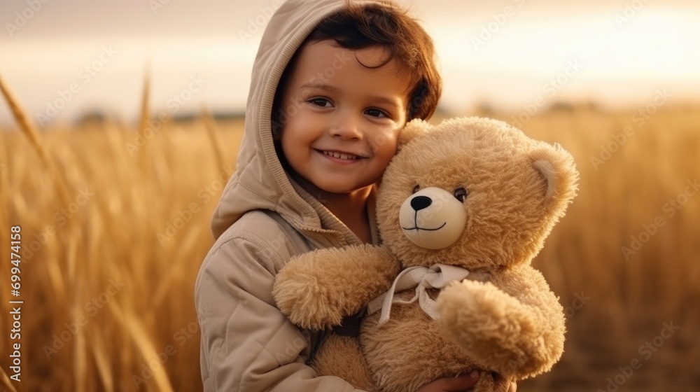 © Zainab - A cute little baby boy hugging his big soft stuffed teddy bear toy while walking and standing outside on the nature at a wheat field